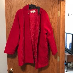 Red hooded quilted jacket
